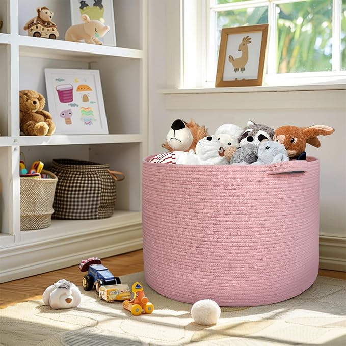 115L Oversized Pink Basket, 23.6"x15.7" Woven Cotton Rope Bin with Handles, XXXL Blanket Storage for Living Room, Kids Toy Storage Bin Box, Baby Laundry Basket for Organizing, Pink Room Decor
