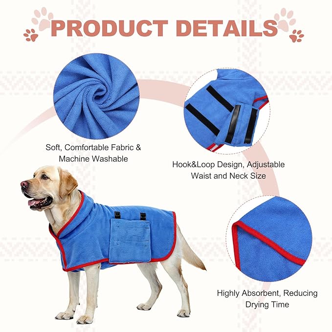 Dog Drying Coat, Dog Robes for After Bath Bathrobe Super Absorbent Towel Soft Adjustable, (XS, Blue), Intended for Fast Drying Warm Keeping Pet Cats Kitten Puppies