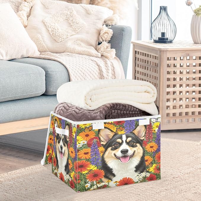 Pet Flower Storage Bins with Lids Closet Bedroom 40L Storage Basket | Decorative Storage Boxes, Foldable & Stackable, Dust-Proof Flip Top, Reinforced Handles, For Home & Dorm, Clothes & Toy Box
