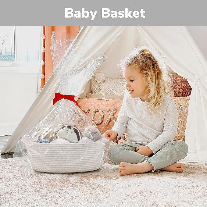 CHICVITA Small Woven Rope Gift Basket, Decorative Shelf Basket, White | 13" x 10" x 5" Storage Baskets for Toys, Diapers & Baby Showers, Fits Nursery & Bathroom Organization, Built-In Handles