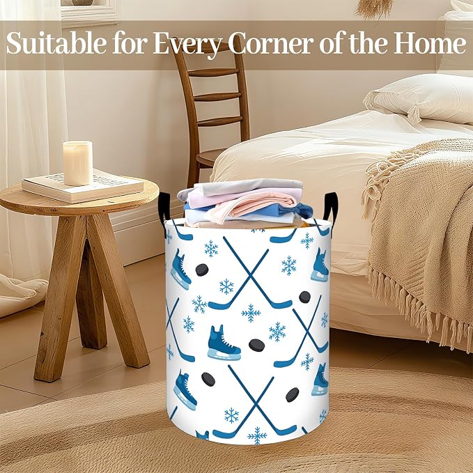 Hockey Sport Laundry Basket, Skate Puck Stick Foldable Oxford Cloth, Waterproof Dirty Clothes Hamper with Handles, Clothing Storage Bin Toy Organizer for Bedroom Dorm Bathroom, 19.7"x15.7"