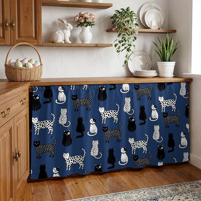 Cat Animal Cabinet Curtain 32"Wx55"L, Dustproof Pantry Door Curtain with Self Adhesive Tape, Navy Blue Earthy Tone Vintage Pet Modern Tall Storage Cover Privacy Drape for Bathroom Kitchen Laundry Room