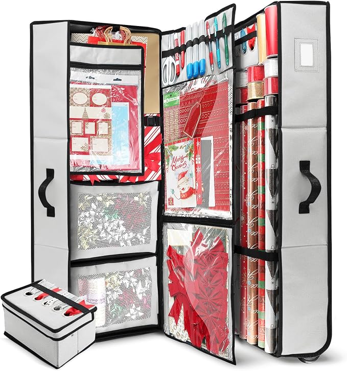 Hearth & Harbor Wrapping Paper Storage Container with Ribbon Dispenser and Interior Pockets - Large Christmas Storage Containers with Wheels, Fits 30 Rolls of 40" Length, Silver