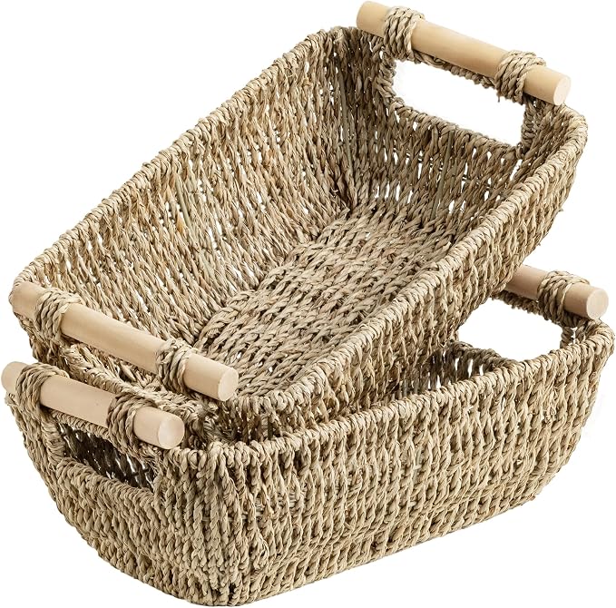 StorageWorks Small Baskets for Shelf, Seagrass Woven Basket for Gifts | Wicker Storage Baskets for Shelves, Baskets with Wooden Handles, 2-Pack Gifts Basket for Home Decor, Hand-Woven Basket