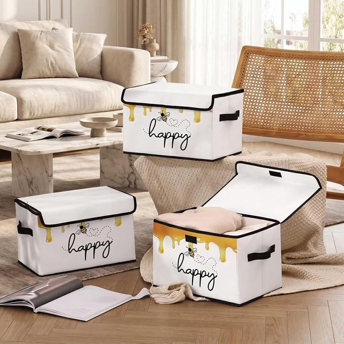 Stackable Storage Bins with Lids,Closet Organizers Fabric Box for Home and Office,Blanket Clothes Organizers,Under Bed Storage Containers 3 Pack