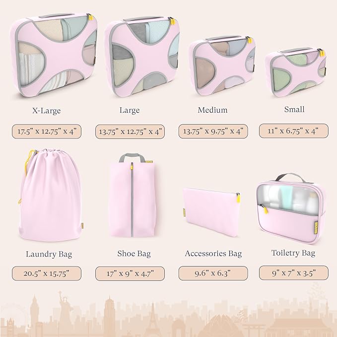 Shacke 8 Set Packing Cubes for Travel, Shoe & Toiletry Bags (Petal Pink) | Complete Suitcase Organizer Bags Set: 4 Luggage Packing Cubes + Laundry, Shoe, Toiletry & Accessories Bags for Any Trip