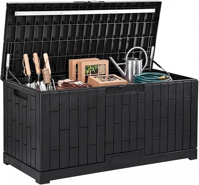 YITAHOME Large Deck Box 120 Gallon Resin Outdoor Storage Box | Patio Storage Bin and Bench Seat for Outdoor Pillows, Garden Tools and Pool Supplies, Waterproof Lockable, Black