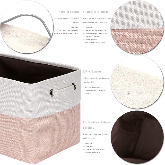 Sea Team Large Rectangle Canvas Open-Top Storage Baskets, 3-Pack | Collapsible Fabric Storage Bins with Handles, Closet Shelf Organizers, 15 x 10 x 10 Inches, Pale Blush & White