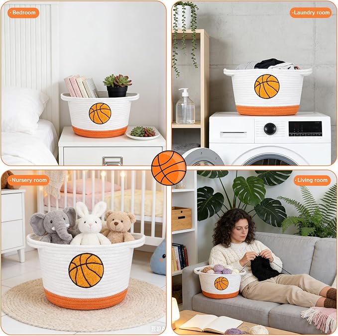 Basketball Storage Basket, Woven Basket with Handle Small Laundry Basket Organizer for Baby Shower, Blanket, Shelf, Cat Dog Toy Organizer, Gifts Empty, 9"x7" Baskets for Organizing