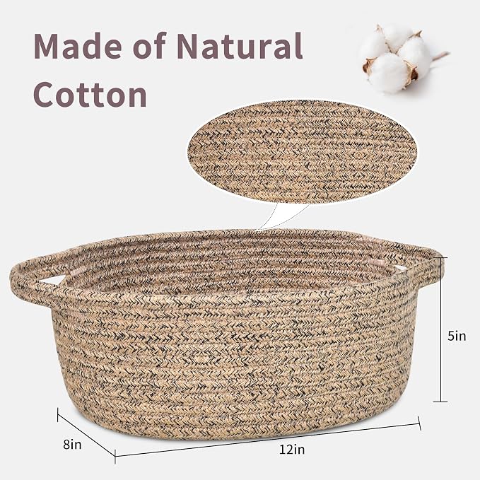 ABenkle Small Basket with Handles, Boho Decorative Rope Woven Dog Cat Toy Storage Bin Shelf Storage Organizer, Easter Christmas Gift Basket, 12"x8"x5"