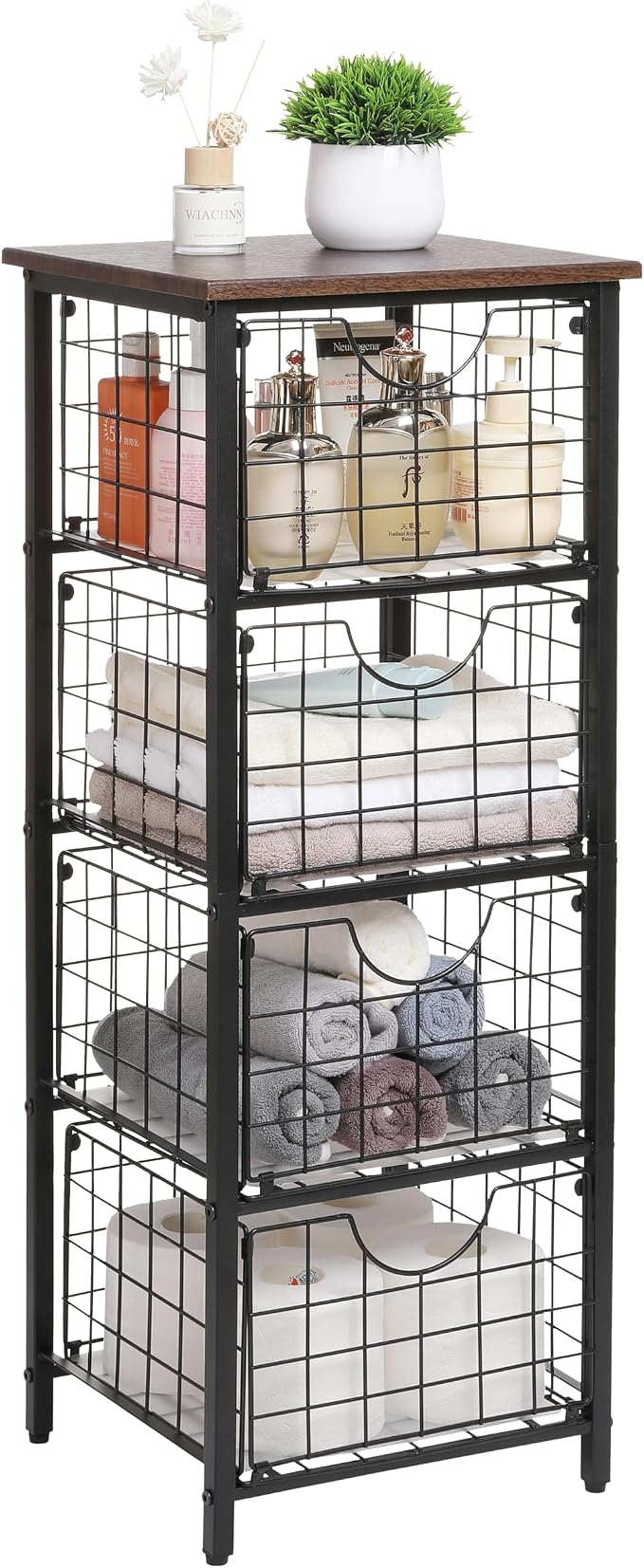 DINGTAI 5-Tier FreeStanding Storage Shelves with 4 Pull-Out Baskets,Bathroom Organizer Shelves Unit with WoodTop,Fruit Basket for Kitchen,Storage Tower Organizer Basket Cart for Bathroom，Black