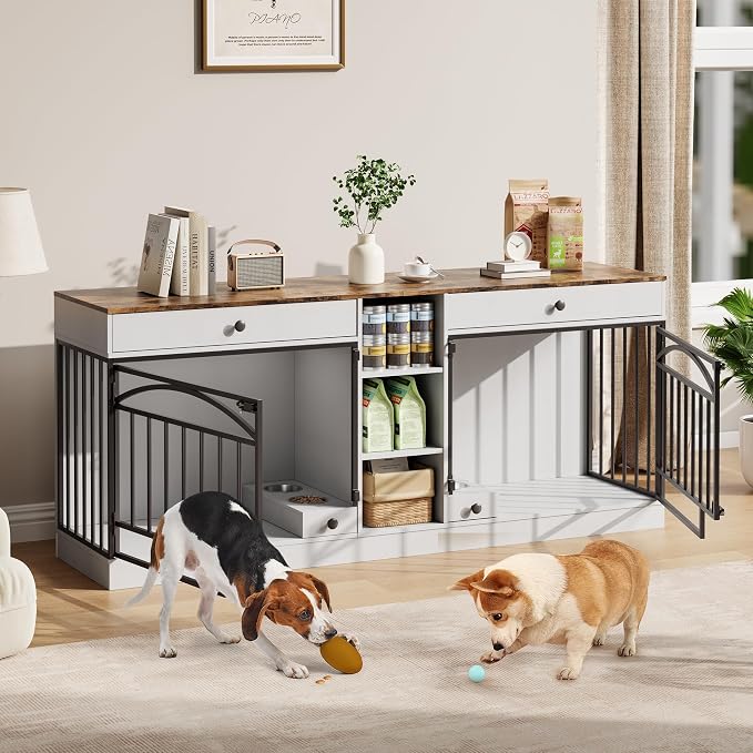 IDEALHOUSE 78.7" Double Dog Crate Furniture with Storage and 2 Doors, White | Dog Kennel Indoor with Feeding Bowls, Wood Dog Crate TV Stand for Small Medium Dogs