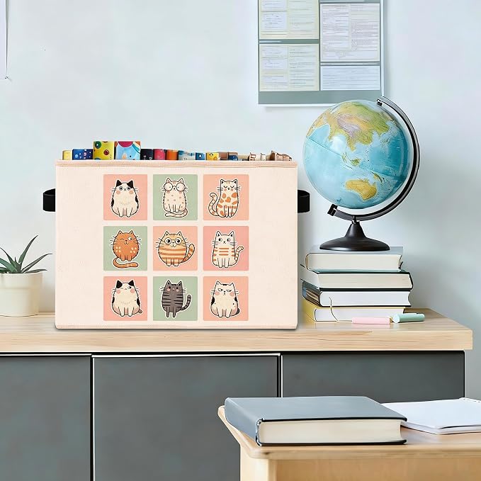 Cat Storage Bin, Cute Cartoon Cat Fabric Basket Organizer | Foldable collapsible fabric organizer for nursery, bedroom, playroom, toys, books, clothes