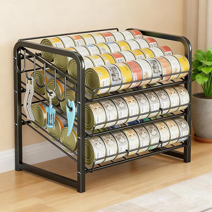 Iron Cat Food Container, Can Organizer for Pantry, Pet Food Storage Containers, 3-Tier Can Stackable Storage Rack with 6 Fixed Hooks, Canned Goods Organizer for Countertop Kitchen Cabinet, Black