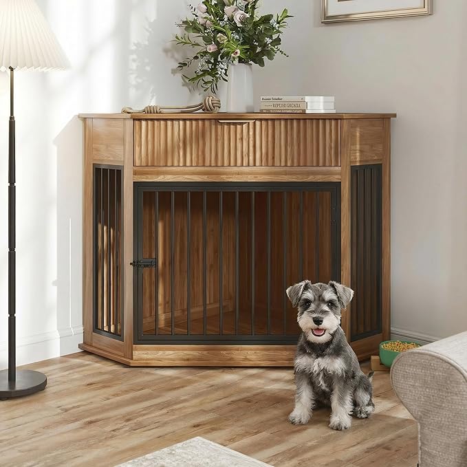 44.6" Corner Dog Crate Furniture for Small Medium Dogs, Modern Medium Size Decorative Dog Crates End Table with Fluted Drawer, Wooden Dogs Cage Kennel Furniture for Home Décor, Walnut