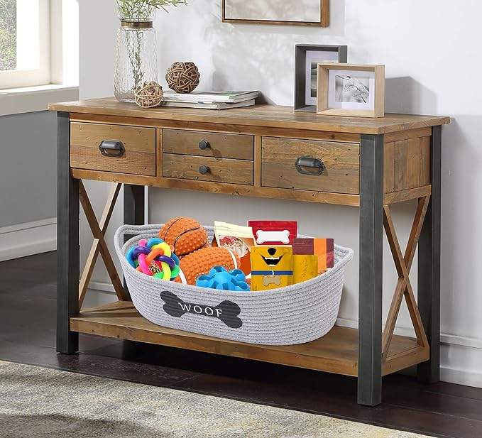 Morezi Dog Toy Baskets Pet Toy Basket Storage in Small Shallow Bin - Perfect for Collect Puppy Toys, Cat Toy, Grooming Stuff, Diapers, Bed, for Bathroom, Playroom, Closet, Home - Cotton Rope - Grey
