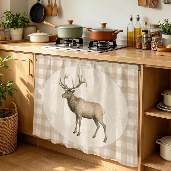 Majestic Buck Cabinet Dishwasher Hidden Curtains, Privacy Closet Door Curtain, Vintage Natural Buck Rustic Linen Plaid Adhesive Dust Proof Under Sink Skirt for Bathroom Kitchen 35"x35"