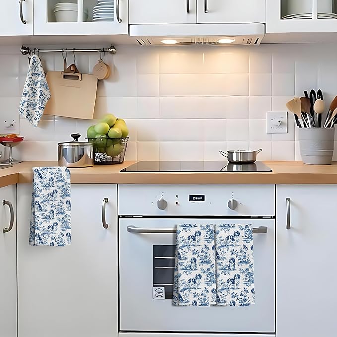 Chinoiserie Cavalier King Charles Spaniel Kitchen Towels Set of 4,Blue and White Floral Cavalier Spaniel Decorative Dish Tea Towels,Grandmillennial Dog Hand Towels for Kitchen Bathroom,16x24Inch