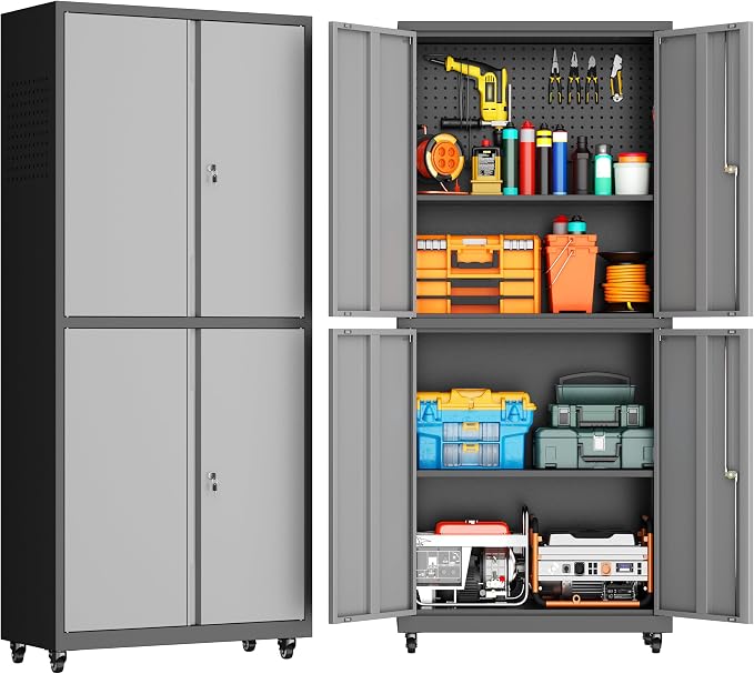 71''H Garage Storage Cabinet with Wheels, Meatl Storage Cabinet with Lock | Tool Storage Cabinet, Steel Tool Cabinet with 4 Doors and Shelves for Garage, Warehouse, Assembly Required, Gray