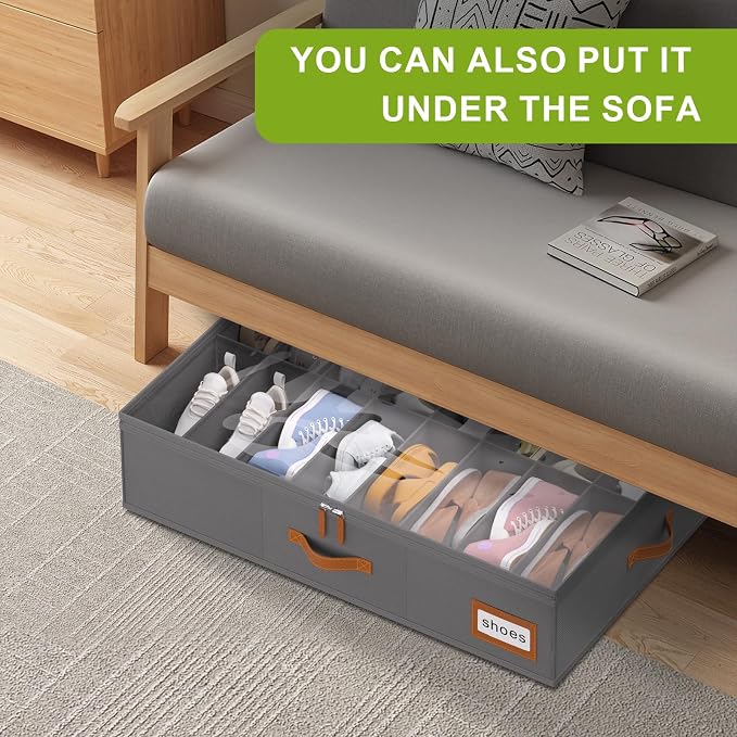 Shoe Organizer Under Bed, Fits 32 Pairs, Under bed Shoe Storage Boxes with Study Handles and Clear Cover, zapateras organizer for shoes, set of 2