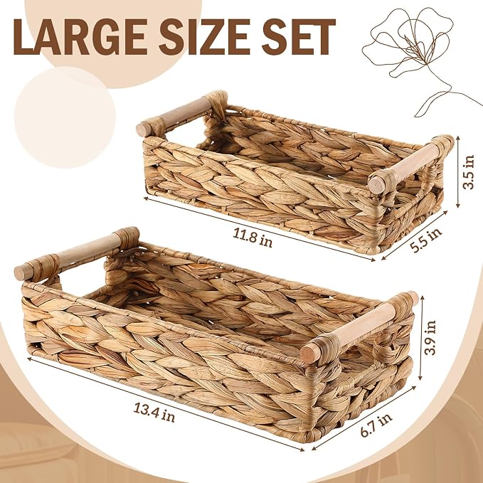 2 Pack Toilet Paper Storage Basket, Wicker Baskets for Bathroom, Water Hyacinth Baskets with Wooden Handles for over Toilet Storage Shelf, End Table, Shelves and More(Large&medium)