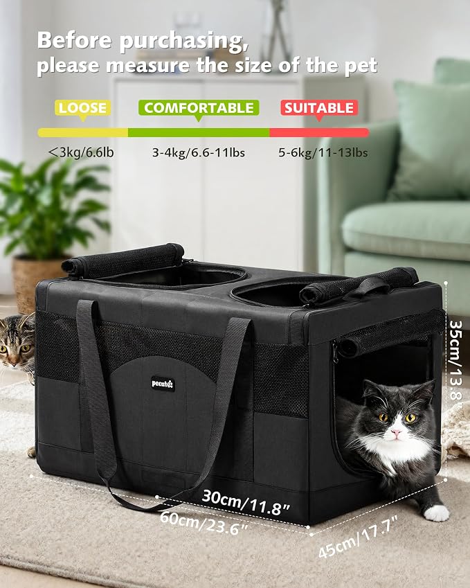 Pecute Cat Carrier, Soft Double Pet Crate for 2 Cats Travel, Dark Gray | Anti-Collapse Steel Frame, Convertible Dual Space, Foldable, Polyester Breathable mesh, Up to 26 lbs, Car Travel & Vet Visits