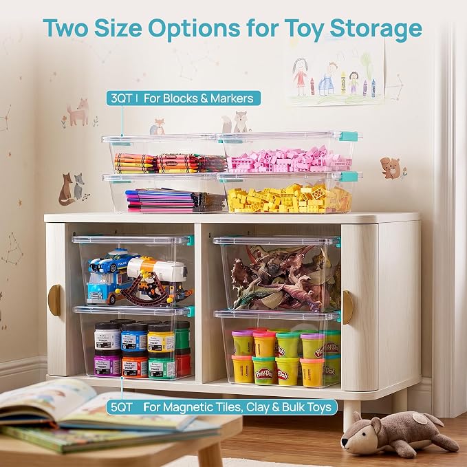 Vtopmart 4 Pack 3 Qt Clear Storage Bins with Lids for Building Blocks，Craft | Stackable Plastic Organizer Box for Home, Classroom, Office, Craft Room, Small Containers for Art Supplies, Stationery