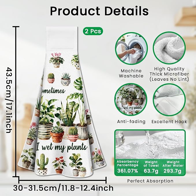 CUTHOLLOW Potted Plants Hanging Kitchen Towels with Loop, Set of 2 - Soft & Super Absorbent Microfiber Decorative Hanging Dish & Hand Towel, Tea, Coffee Towel for Kitchen Bathroom Oven Handle