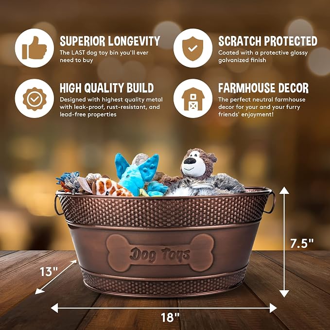 BREKX Copper Metal Pet Storage & Dog Toy Bin w/ Handles, Indestructible | Dog Toy Box • Galvanized Steel • Organizes Toys, Blankets & Leashes • Farmhouse Style