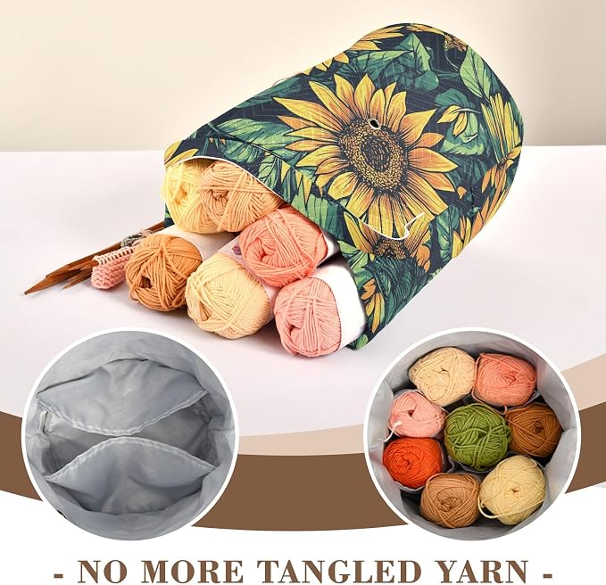 Fustylead Retro Vibrant Yellow Sunflower Large Yarn Storage Tote Basket, Knitting Crochet Drawstring Organizer Bag for Crocheting Project, Yarn Balls, Needles Accessories