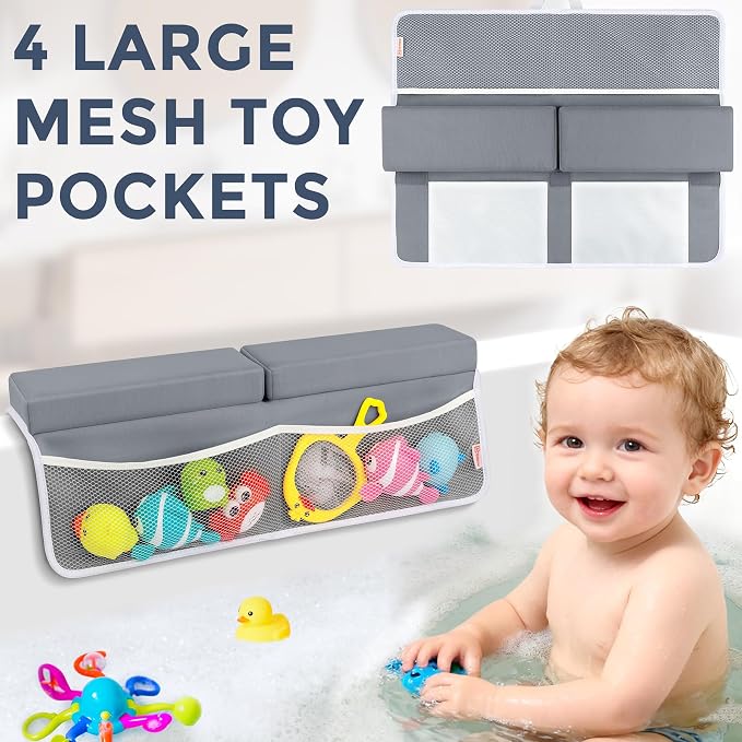 Bath Kneeler and Elbow Rest Pad Set, 1.5” Thick Bathtub Kneeling Mat | Cozy Memory Foam, Non-Slip 6 Suction Cups and 4 Toys Organizer Pockets, Quick-Dry Bath Kneeling Pad for Babies Toddlers
