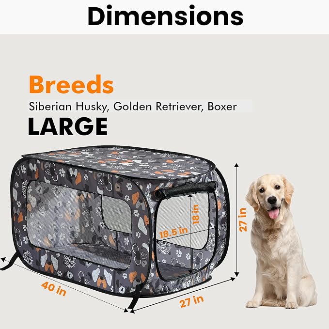 Portable Collapsible Pop Up Kennel, 40" L x 27" W x 27" H, Face of Love | Collapsible indoor/outdoor travel cat and dog crate with mesh screen windows pops up and folds flat for easy storage