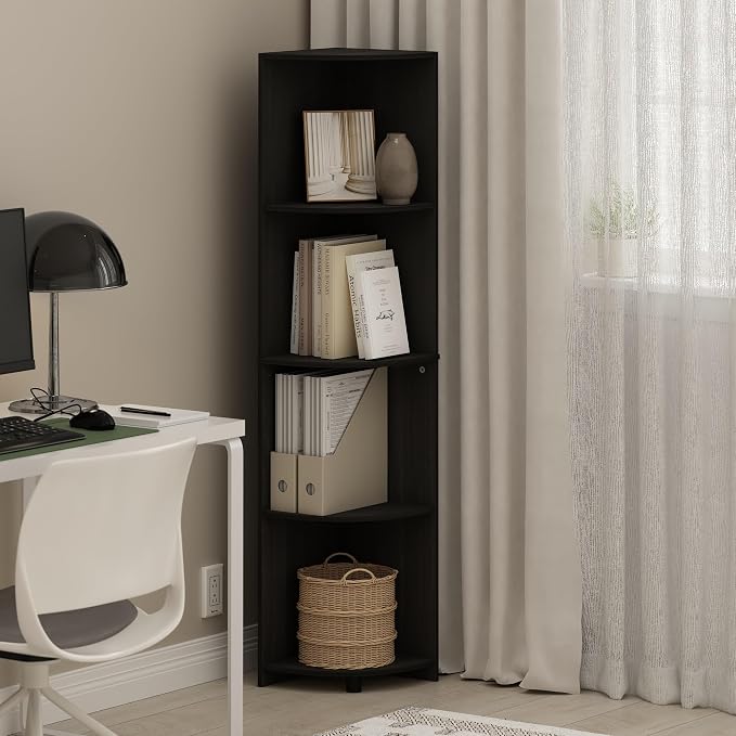 Furinno ECON Corner Shelf, 4-Tier Corner Book Shelf, Storage Shelves, Display Rack, Bookshelf, for Organization and Storage, Living Room, Home Office, Espresso