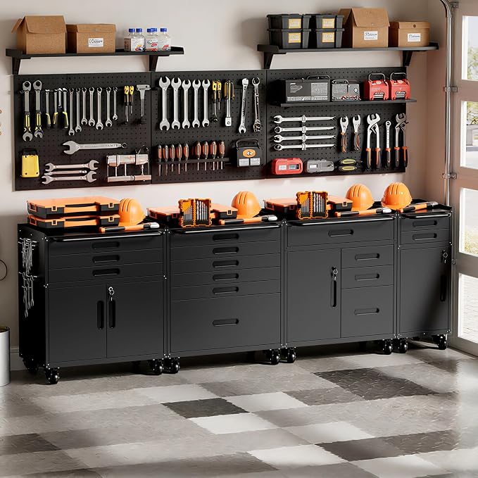 Garage Storage Cabinet, Metal Rolling Tool Cabinet with 2 Pegboard and 10 Hook, Heavy Duty Mechanics Tool Chest Storage for Workshop, Basement, Warehouse, Include Workbench Liner, Black