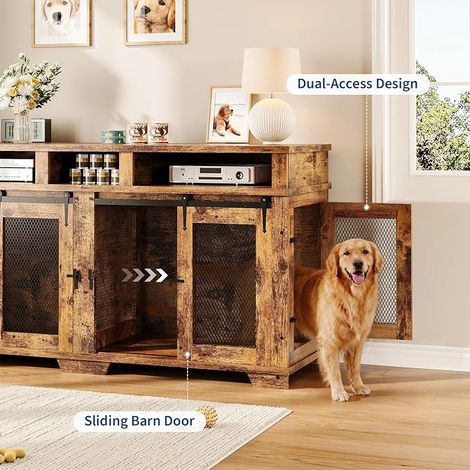 71" Dog Crate Furniture for 2 Dogs, Heavy Duty Indoor Dog Kennel TV Stand, End Table Dog Crate, XL Wooden Dog Cage with Divider for Medium Large Dogs