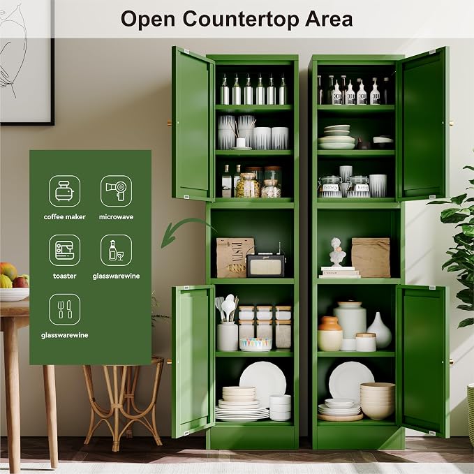 YAUWOH 2-Door Metal Storage Cabinet, Tall Slim Pantry Organizer with 3 Adjustable Shelves (120LBS/Shelf), Anti-Tipping Waterproof Cabinet for Bathroom/Kitchen/Home Office/Small Spaces,(1PC,Green)