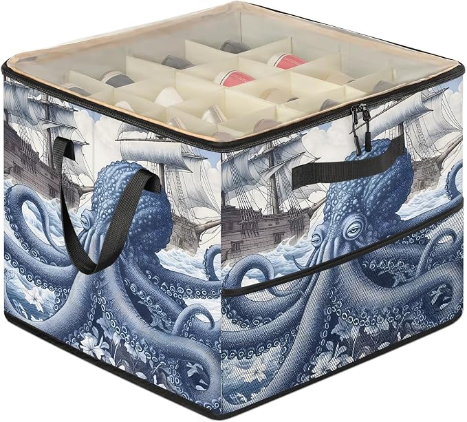 TropicalLife Octopus Nautical Kraken Ocean Shoe Organizer for Closet | Foldable Shoe Storage Box Bin 16-32 Pair Shoe Storage for Sneakers, Boots & Heels with Adjustable Dividers, Clear Cover
