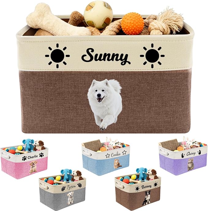 Amlion Personalized Dog Toy Basket Storage,Custom Pet Collapsible Bins with Name Photo Customized Box Organizer for Toys Dolls Clothing - Brown