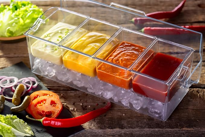 Pikanty Chilled Condiment Server Caddy with Ice Base - 4 Compartments and 4 Serving Tongs Included, Mimosa Bar, Taco Bar, Garnish Tray for Parties, Weddings, BBQs, Dishwasher Safe, Made in USA