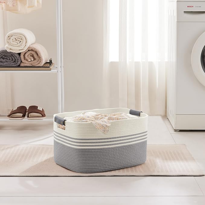 45L Small Woven Laundry Basket Hamper with Leather Handles,Grey | collapsible wicker hamper, storage for dirty clothes, toys, blankets, gifts, living room, bedroom, bathroom, 18"x14"x11"
