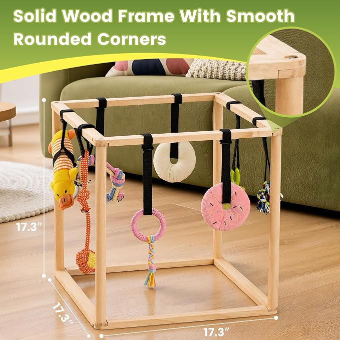Puppy Play Gym for Small Dogs, Wooden Indoor Dog Playground with Hanging Toys, Interactive Puppy Gym & Jungle Gym for Enrichment, Agility Equipment (17.3 inch)