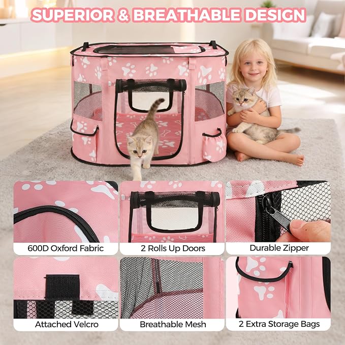 Homimp Portable Pet Playpen for Indoor Cats & Puppies, Foldable Dog Playpen Outdoor Tent Crate Cage with Pee Pad & Carry Bag, Pet Crate with Mesh Sides for Small Animals Travel, Pink M