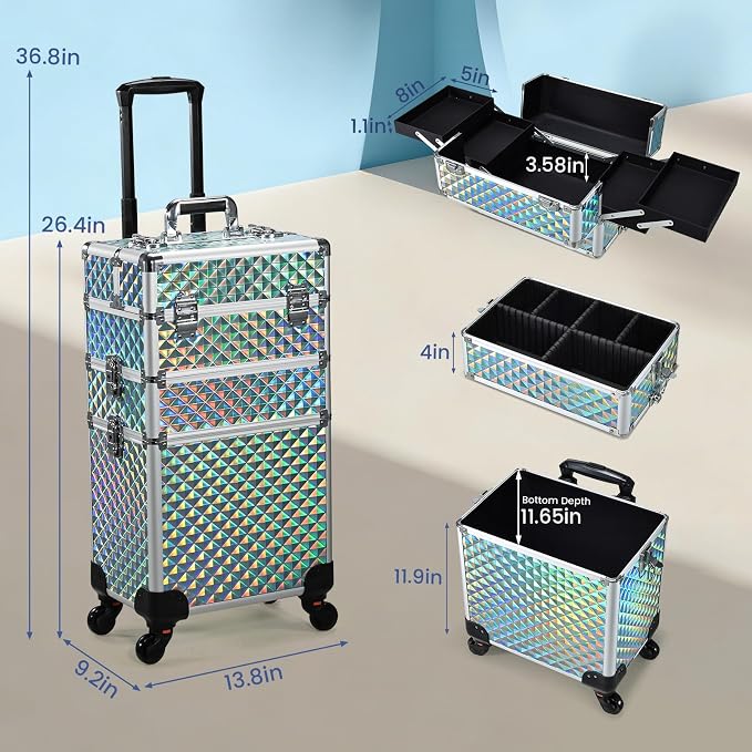 Rolling Makeup Train Case Cosmetology Case on Wheels 3 in 1 Blue | Cosmetic Trolley Large Storage with Keys 360° Swivel Salon Barber Case Traveling Cart Trunk for Artist Hairstylists Nail Tech