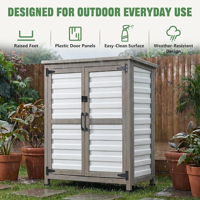 Ketive Outdoor Storage Cabinet, 32" Small Patio Storage Cabinet with Rust-Free Plastic Door Panels, 2-Tier Garden Cabinet for Porch, Balcony, Poolside, Backyard, Garden Supplies & Cleaning Supplies