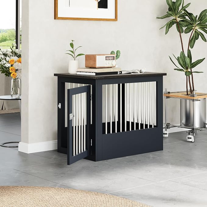 30" Wooden Dog Crate Furniture,Medium Kennel Pet Cage End Table for Indoor | for Small Medium Dogs, Grey and Black, Fits Living Room Bedroom, Heavy Duty Steel Frame with Lock 45 lbs Cap, 100 lbs Top.