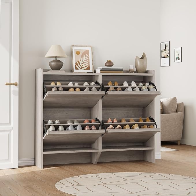 GarveeHome Shoe Cabinet with 4 Flip Drawers, Wooden Shoe Organizer Cabinet with Adjustable Shelf, Shoe Storage for Entryway, Hidden Shoe Cabinet for Hallway, Living Room, Grey