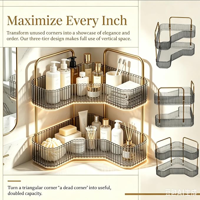2-Tier Corner Bathroom Organizer, Skincare Vanity Counter Shelf Grey | Premium PET Perfume Display Stand with Gold Metal Rods, Space-Saving 90 Degree Storage Rack for Dresser