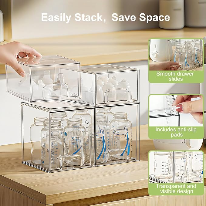 Bottle Storage Organizer Baby: Acrylic Stackable Storage Drawers | Clear Bottles Station Organizer for Countertop, Vanity, Bathroom, Cabinet Organization - 4 Pack
