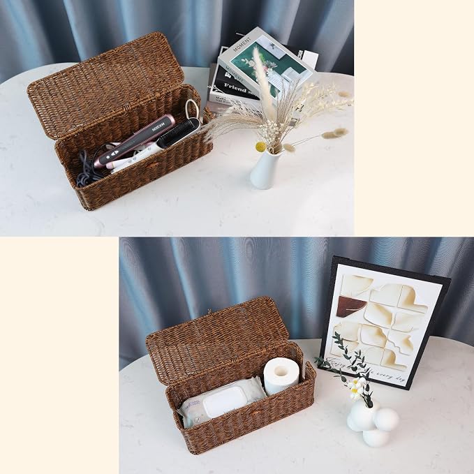 Cable Management Box, Cord Organizer with Lid & Cable Ties - Brown Large | Handmade Open Slots Cord Hider Outlet Covers for Power Strip TV PC Router Charger Under Desk Storage