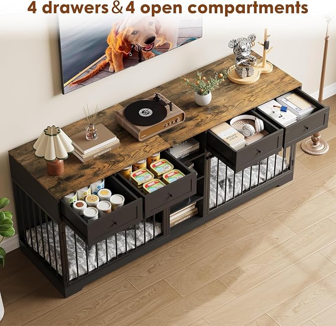 82" Large Double Dog Crate Furniture for 2 Dogs - Indoor Heavy Duty Wooden Kennel with 4 Storage Drawers, 4 Shelves, TV Stand Divider, Pet Bed Sofa for Large Breeds, Classic+Black
